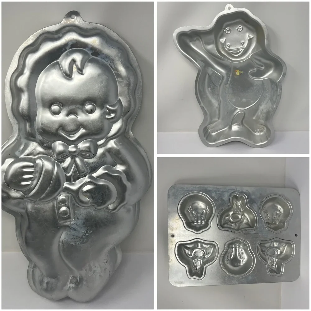 Wilton Vtg Cake Pan Lot‎ 3 Barney Baby Looney Tunes Aluminum Baking Molds 90's